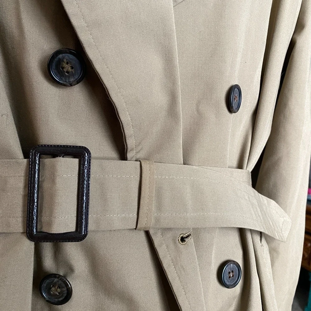 VTG Designer Trench Clarendon Cloth Tan Khaki Double Breasted‎ Belted Coat Sz 42